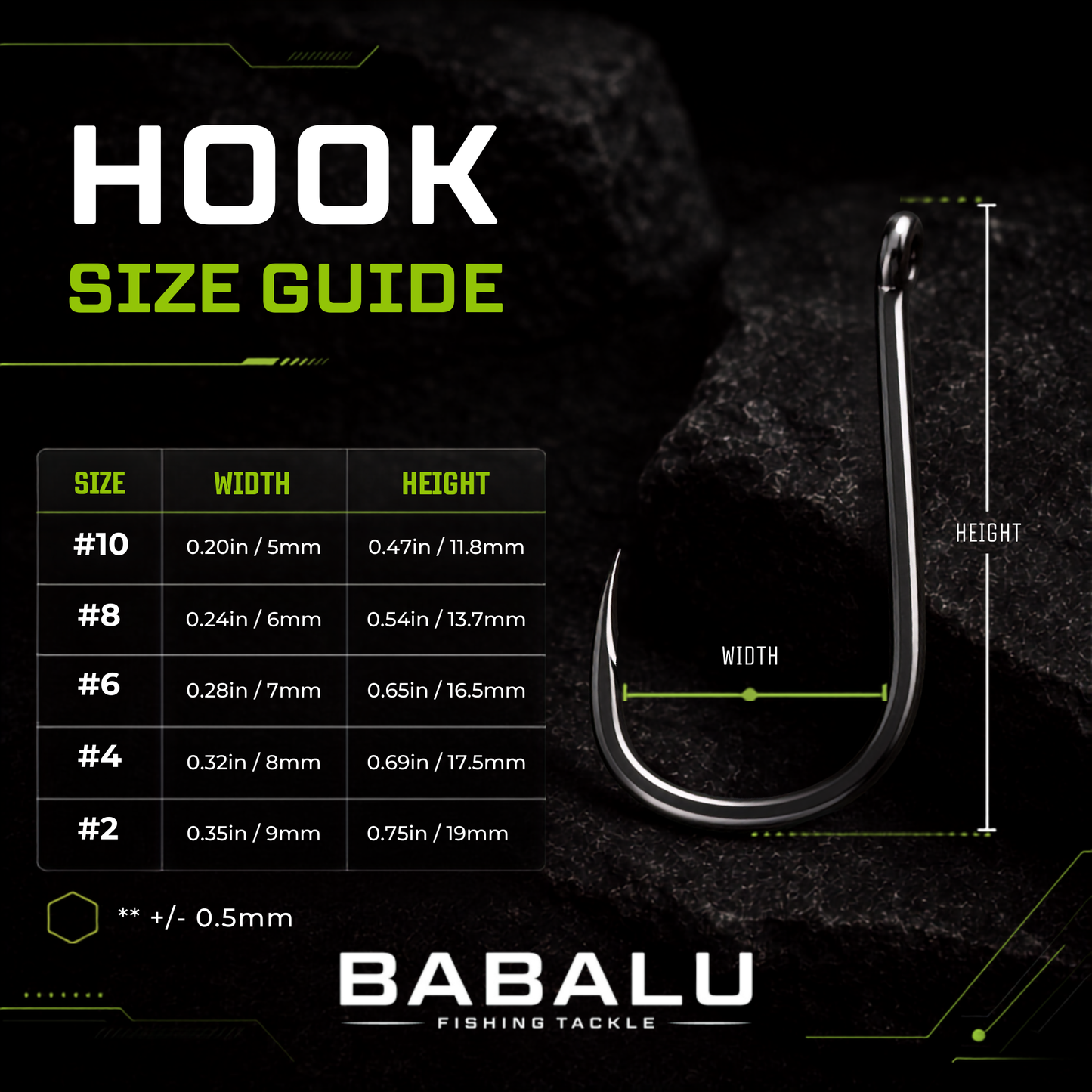 Size guide for BABALU BB02 hooks