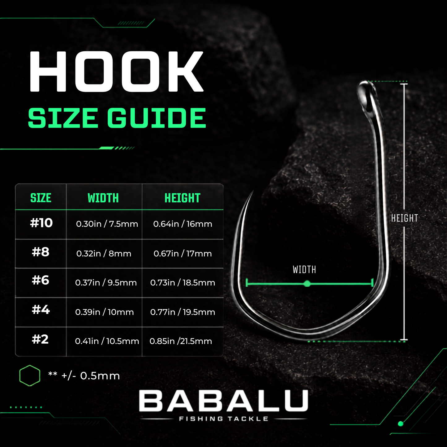 Size guide for BABALU BB20 hooks