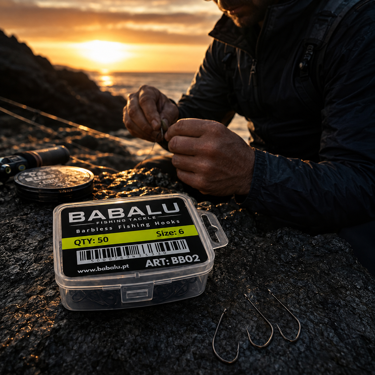 Lystfisker med BABALU Fishing Tackle-kroge ved solnedgang