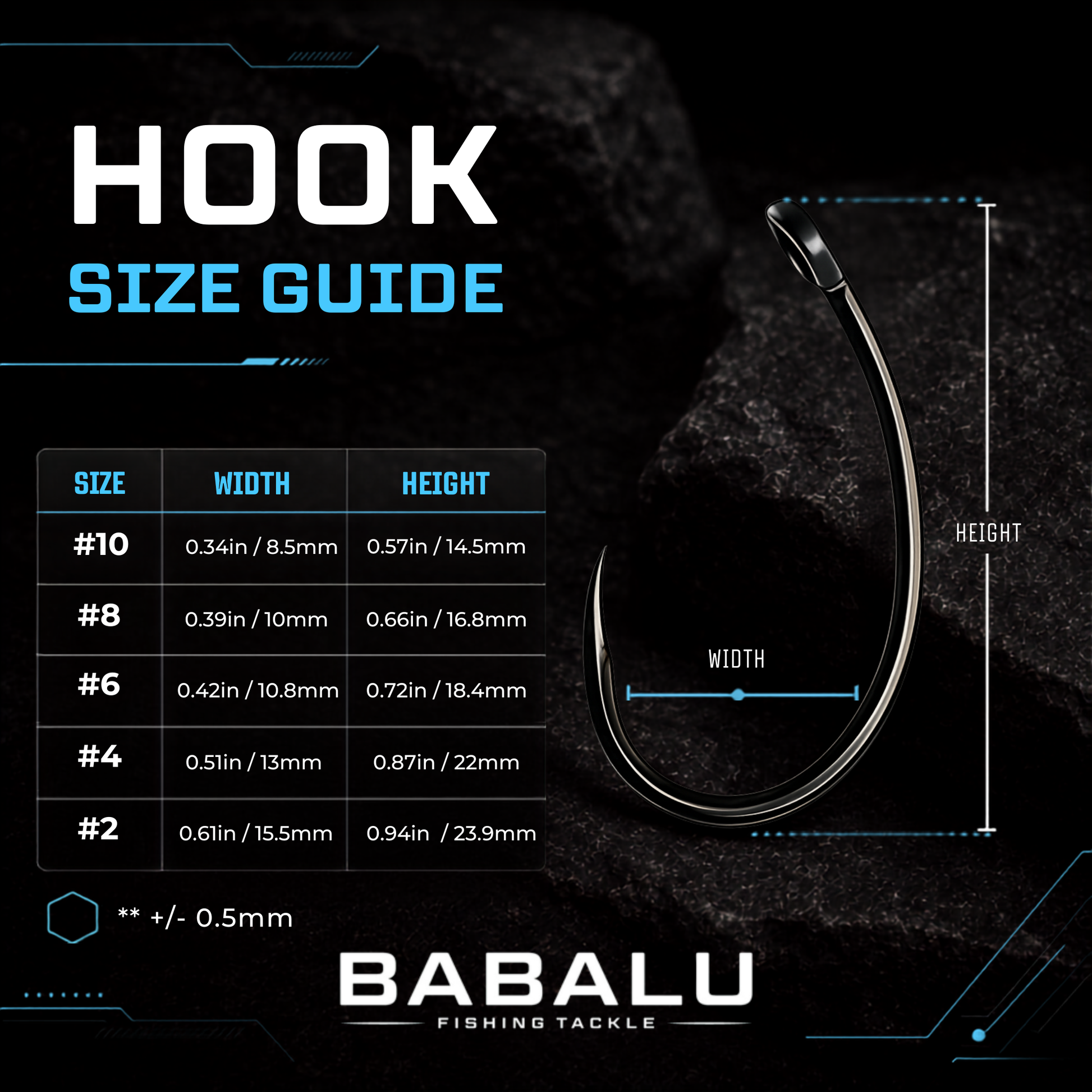 Size guide for BABALU BB12 hooks